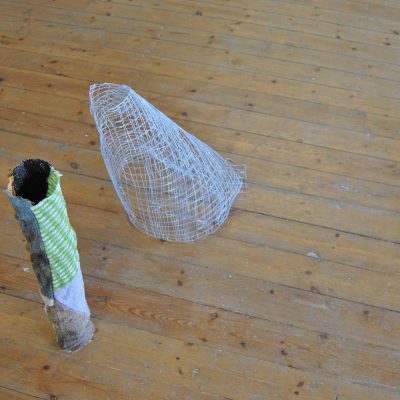 Grid (2016) - heat-manipulated woven synthetic yarn (pictured with Rag Tube No.3 (2016) Rags, thread, wax - Sophie Giller